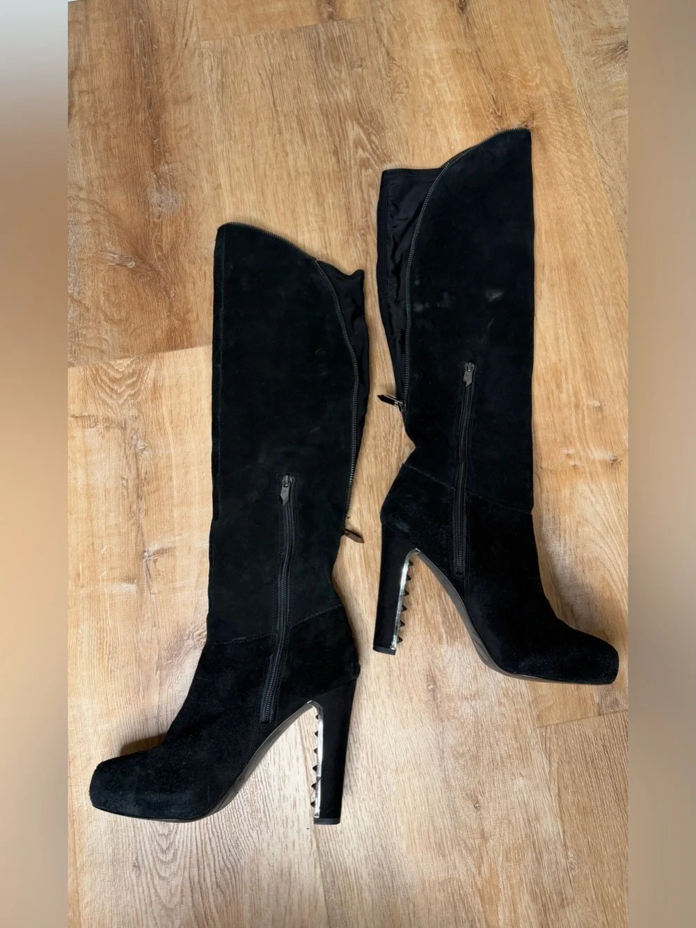 Fergie Black Suede Knee-High Platform Boots Over The Knee Boots Heel Grommets